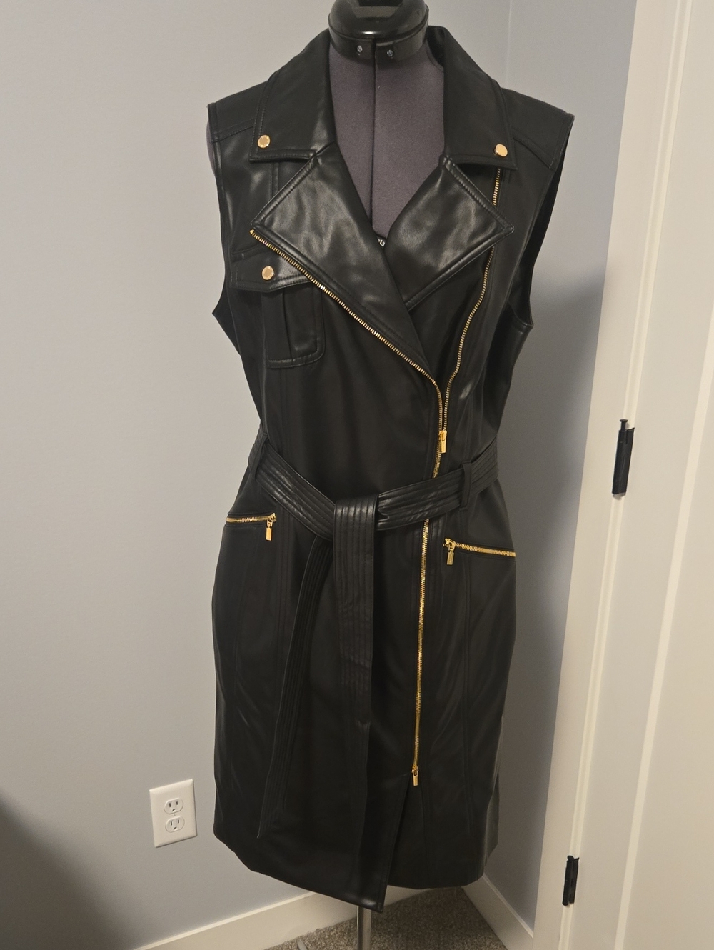 Calvin Klein Black Faux Leather Sleeveless Moto Coat with Gold Hardware